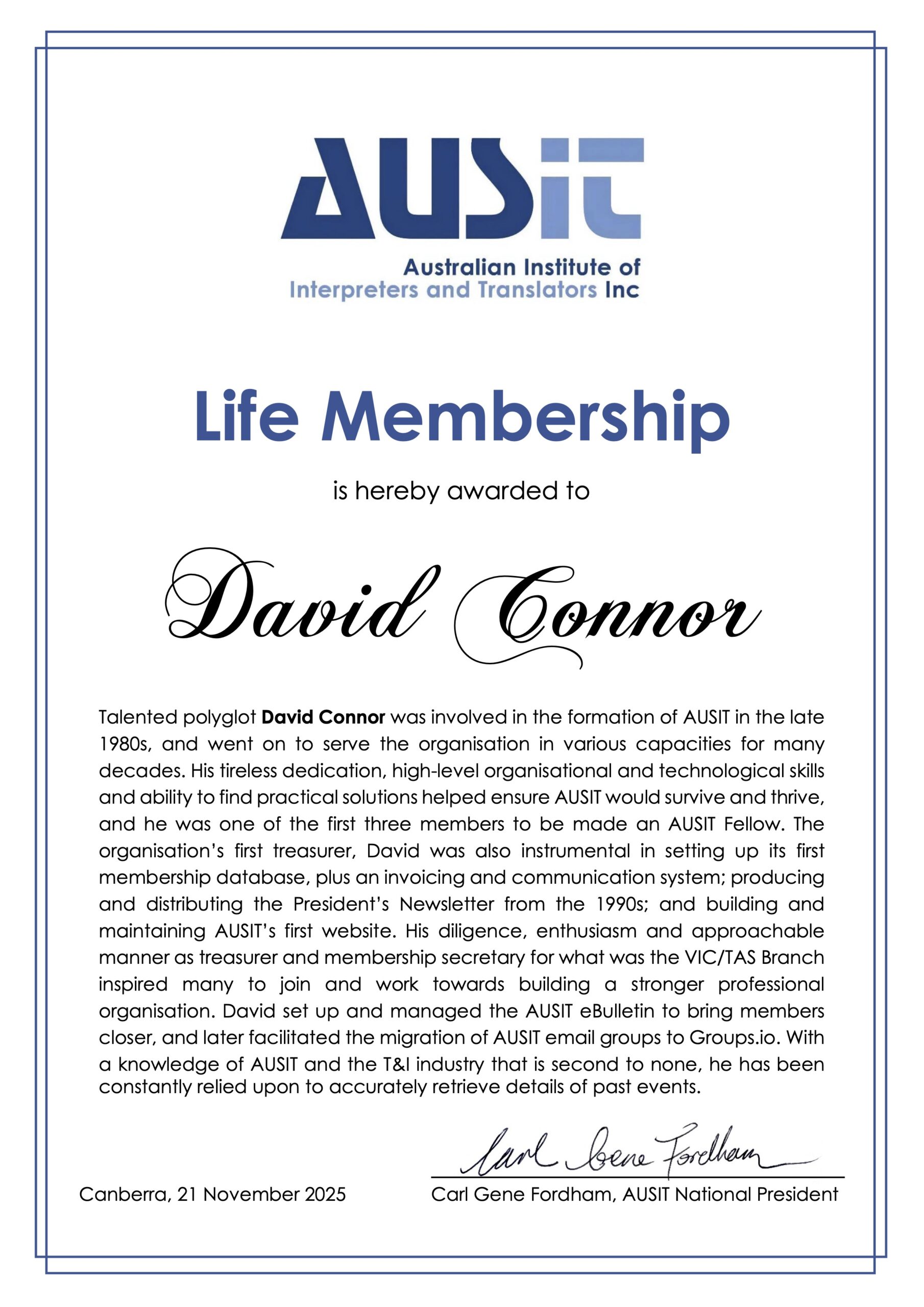 Life Membership Certificate & Citation 2025 Davo
