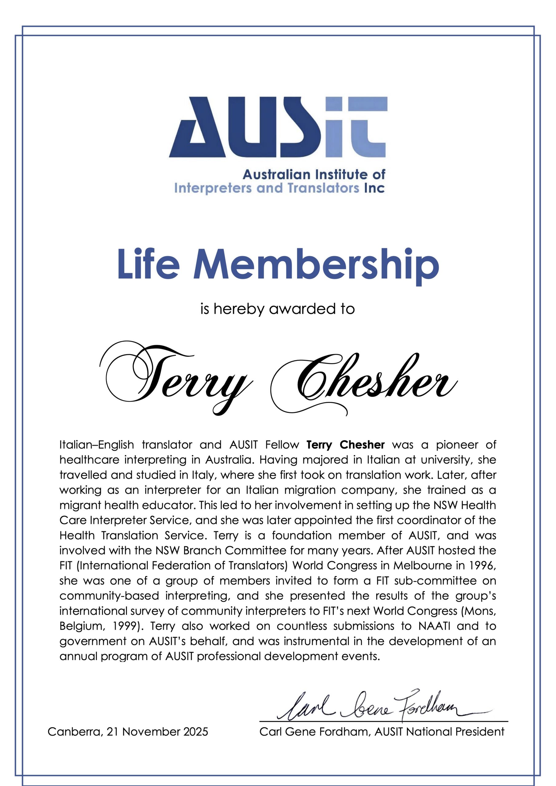 Life Membership Certificate & Citation 2025 Terry